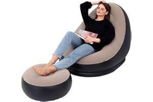 Loneedy, Poltrona gonfiabile per il tempo libero, con poggiapiedi, in tessuto floccato, pieghevole, per esterni Marrone