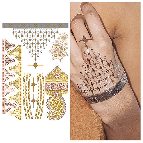 Tattify Indian Style Gold Silver Temporary Tattoo - Indian Princess Sheet 3 (Set of 1 sheet)