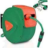 BAKAJI Avvolgitubo da Giardino Tubo Acqua con Blocco Automatico Fissaggio a Parete Tubo in PVC Staffa a Muro Orientabile Ruot