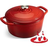 Overmont Cast Iron Pot - Non-Stick Enamelled Dutch Casserole with Lid - &Oslash;26 | Even heat for stewing, roasting, and baking bre
