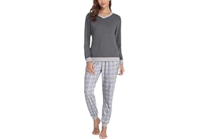 NC Irdcomps Piżama damska długa bawełniana zimowa bielizna nocna, zestaw z dekoltem w serek, ze ściągaczami, S-XXL