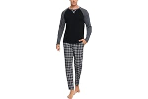 Litherday Pijama Hombre Invierno Algodón Conjunto de Pijama Manga Larga Pijamas Hombre Largo Ropa de Dormir para Hombre con Top y Pantalones 2 Piezas con Bolsillos S-XXL