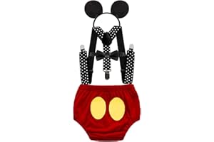 MYRISAM Déguisement de Mickey pour 1er Anniversaire Bébé Cake Smash Photo Prop pour Fête Prénatale Bloomers Noeud Papillon Bretelles Serre-tête Bandeau Carnaval Halloween Costume