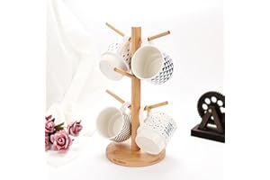 EEAASSTY Árbol de madera de bambú con 6 ganchos de madera para taza de té, organizador de tazas de café, accesorios para tazas, estante para mostrador de cocina y cubiertos, almacenamiento y secado