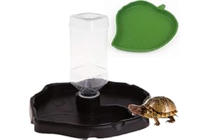 PINVNBY Reptile Food Water Bowl 2 in 1 Feeding Dish Automatic Dispenser Turtle Feeders Waterer With Leaf Plate Dish for Lizards Tortoises Gecko Chameleon 2 PCS (black)