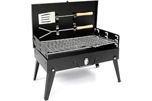 HAMBLE DISTRIBUTION PBUK Black Iron Charcoal BBQ Grill with Accessories Portable Folding Outdoor Barbecue Adjustable Height Garden Decking Camping Beach Patio Entertaining