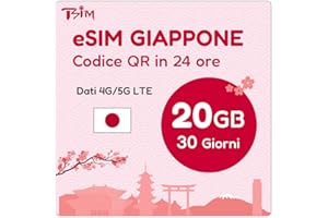TSIM eSIM Giappone per 30 Giorni | Codice QR eSIM inviato via email entro 24 ore dalla spedizione | 20GB di dati 4G/5G/LTE | Tethering/Hotspot incluso | Assistenza 24/6 | Solo Dati, Nessuna Voce