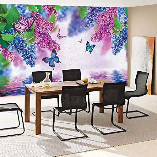 Vlies Fototapete 400×280 cm PREMIUM PLUS Wand Foto Tapete Wand Bild Vliestapete – Blumen Tapete Flieder Schmetterling Wasser lila – no. 418 - 7