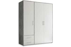 ‎STELLA TRADING Stella Trading Kleiderschrank in Beton Optik, Weiß - Vielseitiger Drehtürenschrank 3-türig mit viel Stauraum für Ihr Schlafzimmer - 155 x 195 x 60 cm (B/H/T)