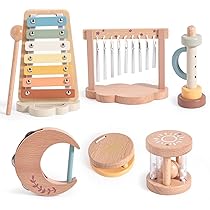 OESSUF Set Di Strumenti Musicali In Legno Per Bambini 1-3 Anni: 7 Pezzi Tra Cui Xilofono, Tamburello, Maracas, Triangolo. Giocattolo Educativo Montessori, Regalo Di Compleanno O Natale Per Bimbi.