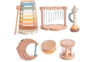 Smartwo Kids Musical Instruments, Wooden Baby Sensory Toys, Montessori Music Sound Toy Set for Toddlers, Xylophone Tambourine Rattle Trumpet Wind Chime, Birthday Gift for Boys Girls
