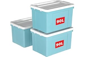 Cetomo 90L*3 Scatole di Stoccaggio in Plastica, Scatole Portaoggetti con Coperchio, Organizzatore con Ruote, Contenitori per Casa e Ufficio, Impilabile, Resistente, Blu, 90L - Confezione da 3