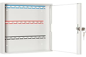 ‎LEOMAR LEOMAR Schlüsselschrank, Schlüsselkasten mit 30 Haken, Schlüsselbox aus Stahlblech mit Glastüren, mit Festen Hakenleisten, Organizer zur Wandbefestigung, Abschließbar, 6 x 35 x 32 cm
