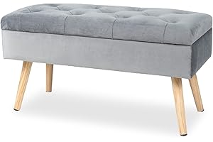 Hawthyhome Panca imbottita con vano portaoggetti, panca imbottita con contenitore in velluto, poggiapiedi con gambe in legno per corridoio, soggiorno, camera da letto, 80 × 35 × 43 cm, grigio..