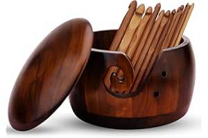 GUKASXI Wooden Yarn Bowl with Lid, Handmade Wooden Yarn Bowl and 12 Pieces Crochet Hooks Set for Crochet Knitting Accessories DIY Craft Gift for Women