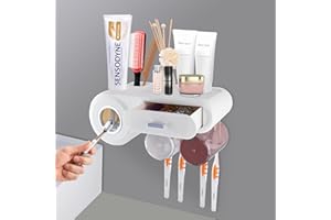 Dispenser Automatico per Dentifricio, DoDuo Porta Spazzolino Parete con Scatola Portaoggetti Cosmetica e 4 Slot per Spazzolino 2 Tazze per Bagno da Muro- Bianco