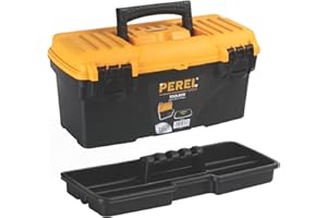 Perel Werkzeugkoffer Kunststoff, Werkzeugkasten leer, Werkzeugbox, Werkzeug Organizer Box, Tool Box, 2 Kunststoff-Verschlüsse, schwarz/orange, 410 x 209 x 195 mm