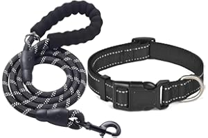 KOMUNJ Set collare e guinzaglio riflettente per cani, collare regolabile, guinzaglio in nylon resistente per cani di taglia media e grande, ferroso, m