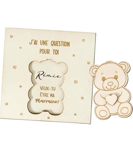 Carte En Bois "Veux-tu être Ma Marraine ?" Avec Ours Amovible - Cadeau Personnalisable Pour Marraine - 10