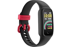 BIGGERFIVE Vigor 2 L Montre de Fitness pour Enfants de 5 à 15 Ans, Tracker d'activité, étanche IP68, podomètre, Moniteur de fréquence Cardiaque, Compteur de Pas de Calories pour Filles garçons, Noir