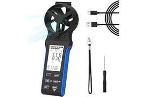HOLDPEAK Anémomètre numérique, CFM Anémomètre avec détecteur rotatif à 270°, Compteur de Vitesse du Vent Mesurer la Vitesse du Vent/Température, Anémomètre Rechargeable avec bouton tactile étanche pour HVAC