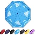 YumSur Compact Automatic Travel Umbrella, Windproof Folding Umbrella with Printed Raindrops Design, Auto Open Close and Upgraded Comfort Handle, for Men and Women