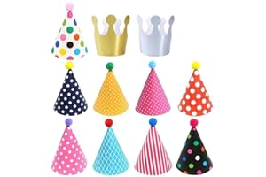 BIUOW 11PCS Birthday Party Cone Hats - Pom Poms,Lovely Cake Cone Birthday Paper Hats,Lovely Crown,For Children and Adults (9 hats and 2 crowns)