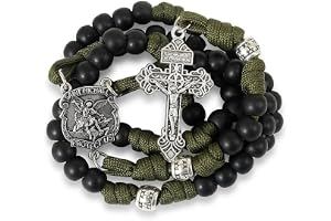 Nazareth Store Antika bronspärlor Paracord Robust Rosenkranshalsband Stark snörd med Sankt Mikaelsmedalj och Benådningskrucif
