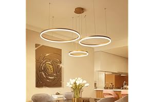 WAYLUOUNG Moderner LED Kronleuchter, 3 Ringe (40+60+80cm) 90W, Dimmbare Fernbedienung Metall Acryl LED Pendelleuchte, Gebürstete Ringe Decken Hängelampe, Wohnzimmer Schlafzimmer Foyer Esszimmer Küche (Golden)