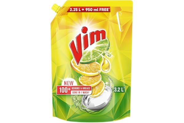 Vim Dishwash Liquid 3 L pouch Removes 100+ Odours & Grease in 1 wash With the power of 100 Lemons