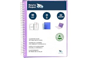Raylu Paper® – Carpeta clasificadora con anillas con fundas transparentes A4 de 90 micras y sobre con cierre, tapa personalizable. Carpeta de fundas 100% biodegradable. (20 Fundas, Violeta)