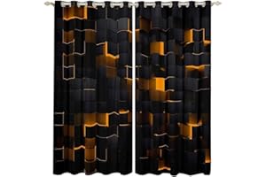 Homewish Orange And Black Window Curtains 2 Panel Sets 46x54 Neon Geometric Checkered Blackout Curtains for Bedroom Living Room Stereoscopic Grid Plaid Window Treatments Drapes Glowing Square Decor