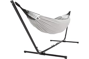 ‎VITA5 Hamak ze stojakiem dla 2 osób / 205 kg – regulowana długość ramy 290 – 330 cm – powierzchnia do leżenia 241 x 160 cm – z torbą do noszenia (brązowy/biały/niebieski)