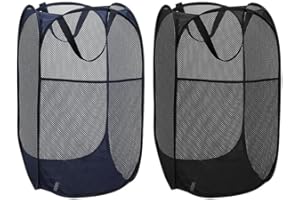 POSHIGE 2 Pack Pop Up Collapsible Laundry Baskets, Foldable Mesh Popup Laundry Hamper with Reinforced Carry Handles, Folding Pop-Up Clothes Hampers are Great for Kids Room, College Dorm or Travel (Black+Blue)