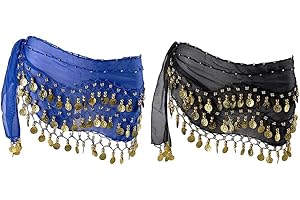 Hitopin Ceinture Danse Orientale Femme, 2 Pièces Jupe de Danse du Ventre, Foulard de Hanche de Danse du Ventre, Costume de Danse du Ventre, Jupe Ceinture Monnaie, pour Performance,Danse (Noir, Bleu)