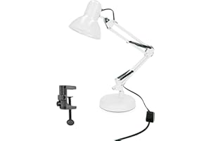 ‎EDO EDO, Lampka biurkowa PIXI WHITE E27 Lampa biurkowa w stylu retro, lampka do czytania, lampa biurkowa dla dzieci, regulowane ramię, czarny klips do podstawy, biała, ramię przegubowe, EDO777536