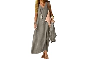Juketron 2024 Abiti Estivi Donna Scollo a V Senza Maniche Canotta Abito Lungo Tinta Unita Abiti da Spiaggia in Lino di Cotone Abito Estivo Allentato Casual