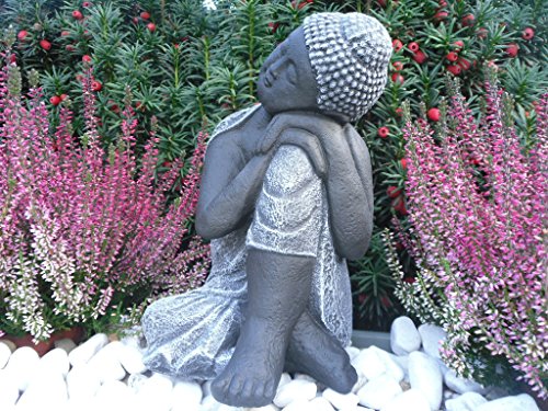 Steinfigur Buddha, Gartenfigur Steinguss Basaltgrau - 6
