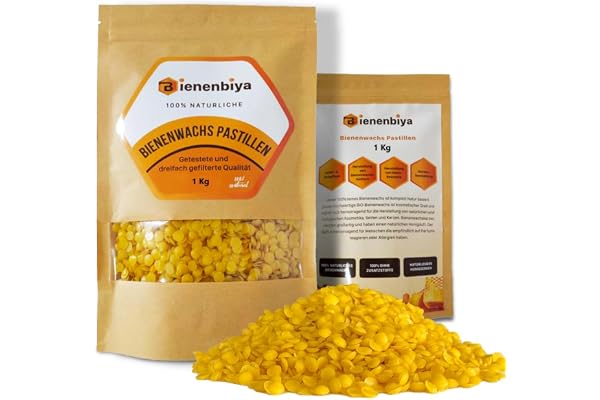 Bienenbiya Pastilles de Cire d'abeille 100% Pure (1kg) sans additifs, Cire d'abeille Naturelle pour onguents, cosmétiques, savons, Fabrication de Bougies et Entretien du Cuir/Bois