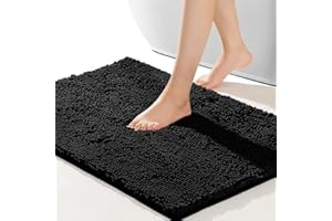RUN HELIX Chenille Bath Mat, Non Slip Extra Soft Bath Toilet Mat 40x60 cm, Super Absorbent Bath Rug for Bathroom, Bedroom, Shower and Tub, Washable Quick Drying Bathroom Mat Black