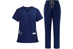 Meichoon Scrubs Set for Women Medical Uniform Set with V Neck Short Sleeve Top Straight Leg Pants 8 Pockets Stretchy Drawstring Moisture-Wicking DK77