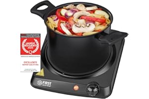 TZS First Austria Plaque Électrique avec 2 Poignées, 2000W, Noir, Électrique - Plaque de Cuisson Vitrocéramique avec Infrarouge, 0 à 300°C en 30 secondes, Diamètre de 17,5cm, pour Camping