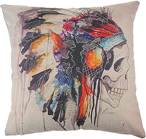 Weksi® Cotton Linen Square Throw Pillow Case Decorative Sofa Cushion Cover Pillowcase Colorful 18"*18" Indian Skull