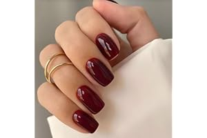 DMQ Wine Red False Nails Short, 32Pcs Square Press on Nails, Burgundy Fake Nails, Glossy Red Pure Color French Nail Tips, Soft Gel Stick on Nails with Glue Reusable for Christmas Women Girls Nail Art