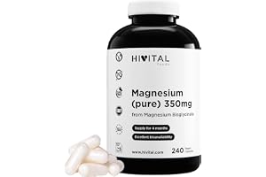 Magnesium 350 mg från Magnesiumbisglycinat. 240 veganska kapslar | För 4 månaders behandling. Magnesiumbisglycinat med Hög Biotillgänglighet. Tillverkad av HIVITAL.
