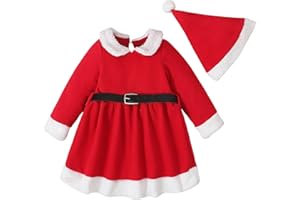 RAOPUZI Vestido Navidad Niña Disfraz Papa Noel Bebe Disfraz Mama Noel Ropa Navidad Traje Papa Noel Bebe con Gorro Vestido Navideño de Felpa Solapa con Manga Larga con Cintura CeñIda