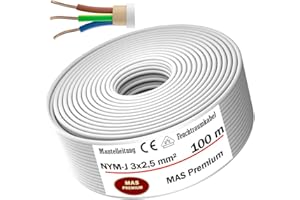 MAS PREMIUM Przewód elektryczny do wilgotnych pomieszczeń, od 5 m do 170 m, przewód płaszczowy NYM-J 3 x 2,5 mm², pierścień do stałego montażu (100 m)