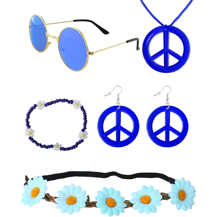 Set Accessoires Hippie Années 70 - Bandeau Fleuri, Lunettes Rondes, Collier Paix, Boucles D'Oreilles Et Bracelet Bohème - Déguisement Fête Rétro