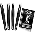 OCBA 4 Pcs Black Tweezers for Facial Hair Women & Men for Precise Grooming of Eyebrows - Professional Stainless Steel Black Color Coated Eyebrow Tweezers for Ingrown Hair on Nose Ear (Black)
