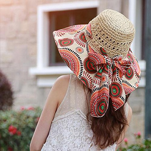 Fashion Vintage Colorful Sun Flower Totem Muster Breite Krempe Floppy Stroh Weave Hat Abschäumer Summer Sun Hat Strand Cap Big Hat für Frauen Mädchen Damen Orange Sun Flower + Khaki - 5